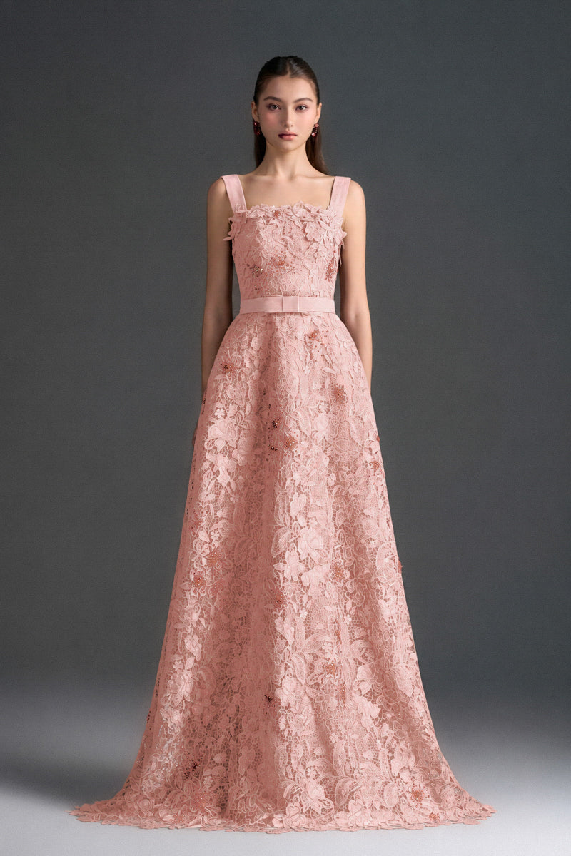 Light pink floral garden lace A-line gown with square neckline, velvet waist belt by I.H.F Studio.