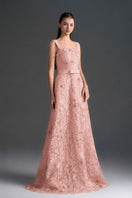 Light pink floral garden lace gown with square neckline, A-line silhouette, and velvet waist belt by I.H.F Studio.