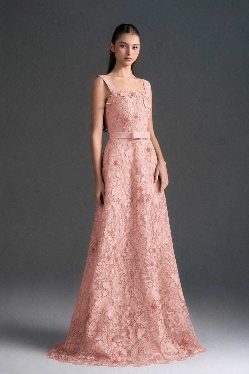 Light pink floral garden lace gown with square neckline, A-line silhouette, and velvet waist belt by I.H.F Studio.