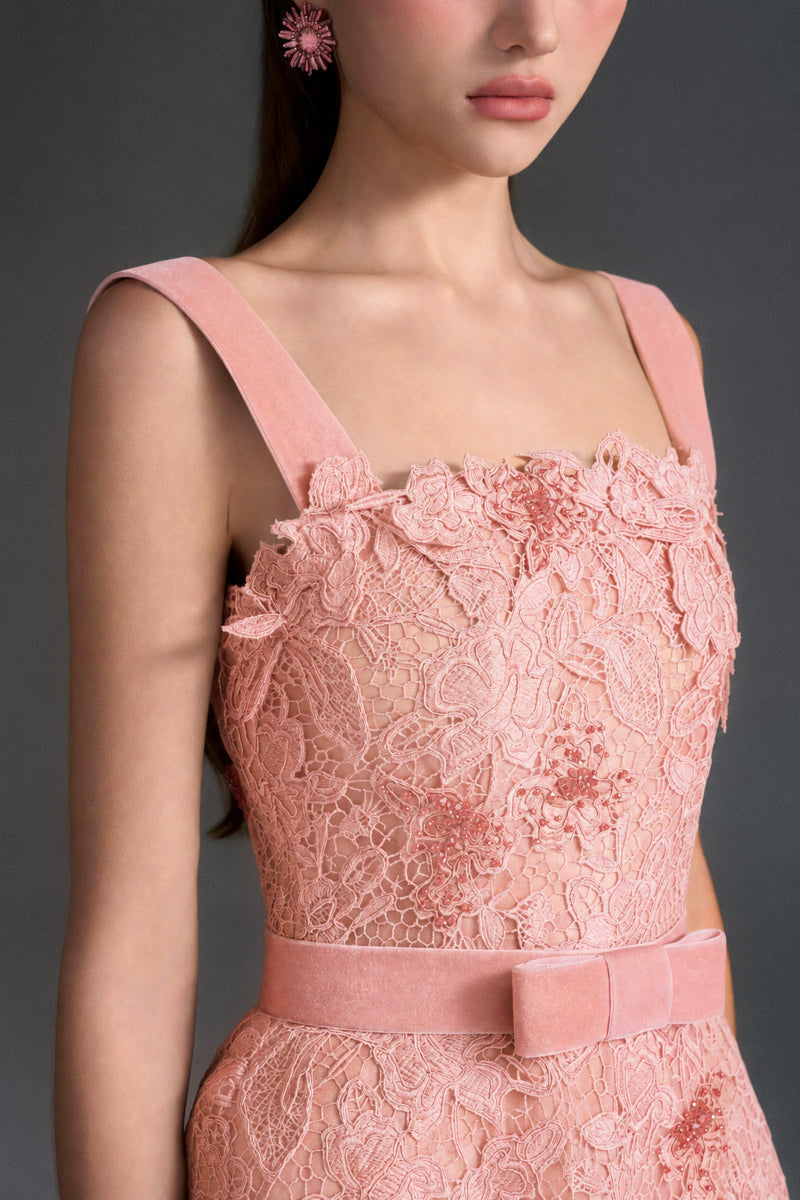 Light pink floral garden lace A-line gown with square neckline and velvet waist belt by I.H.F Studio.