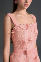 Light pink floral garden lace A-line gown with square neckline and velvet waist belt by I.H.F Studio.