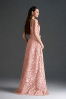 Light pink floral lace A-line gown with square neckline, velvet waist belt, by I.H.F Studio, elegant and feminine evening dress.