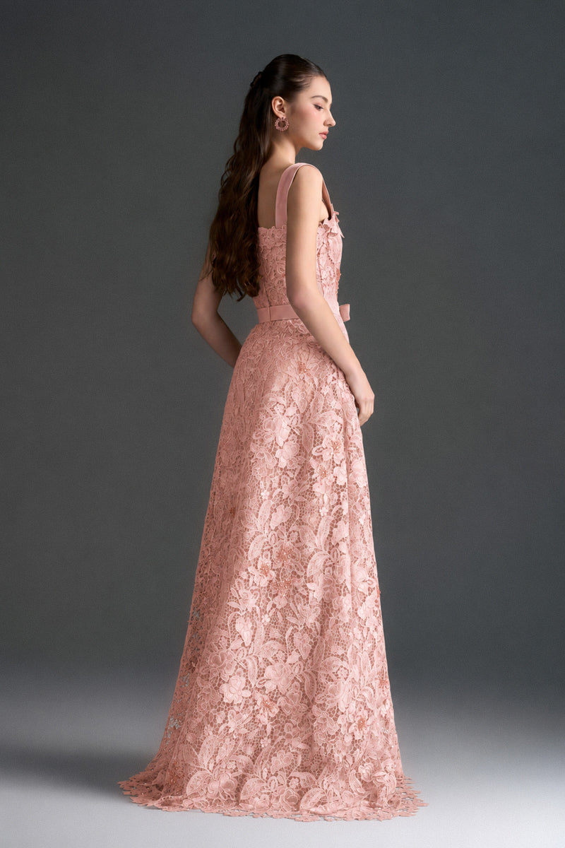Light pink floral lace A-line gown with square neckline, velvet waist belt, by I.H.F Studio, elegant and feminine evening dress.