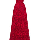 Red floral lace off-shoulder A-line gown with silk waist belt from I.H.F Studio, showcasing elegant design and intricate lace details.