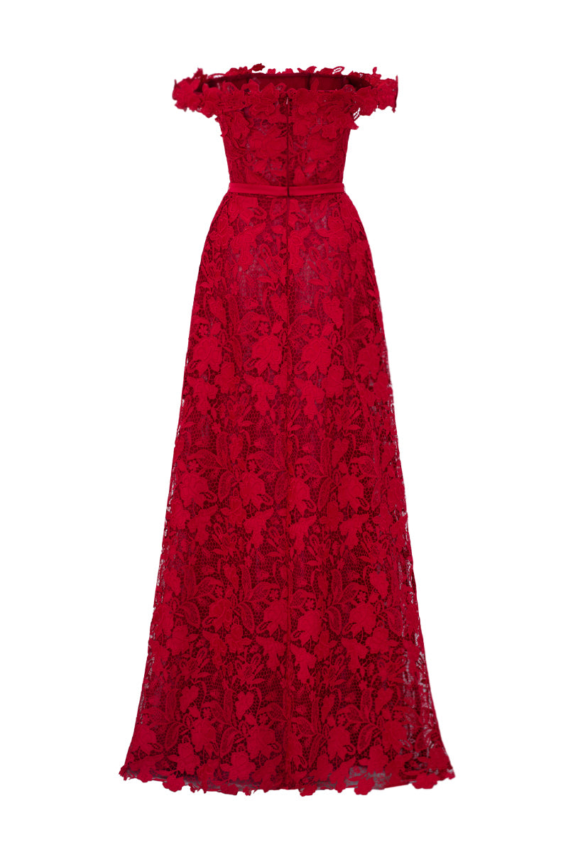 Red floral lace off-shoulder A-line gown with silk waist belt from I.H.F Studio, stylish evening dress with elegant design.