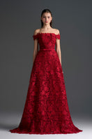 Red floral lace off-shoulder A-line gown by I.H.F Studio with silk waist belt, elegant design perfect for formal occasions.