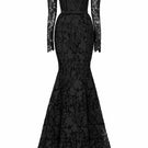 Black floral lace off-shoulder mermaid gown from I.H.F Studio featuring a silk waist belt, elegant and form-fitting.