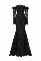 Black floral lace off-shoulder mermaid gown from I.H.F Studio featuring a silk waist belt, elegant and form-fitting.