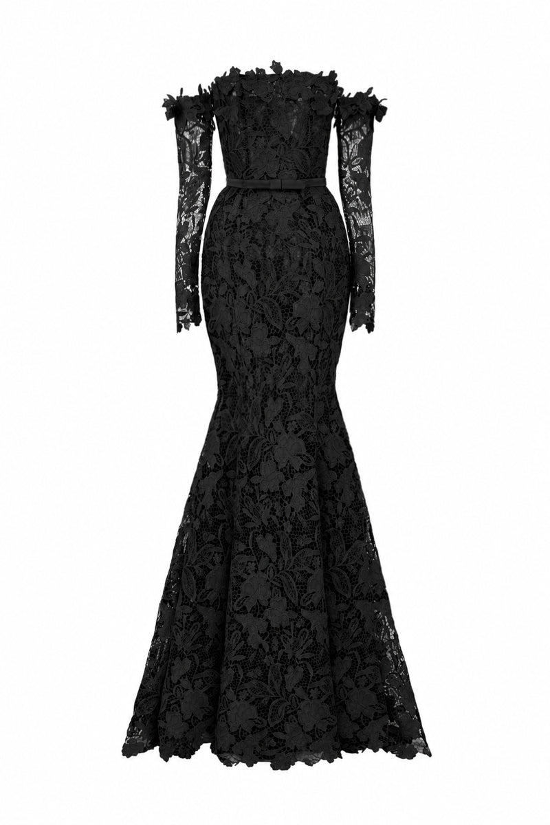 Black floral lace off-shoulder mermaid gown from I.H.F Studio featuring a silk waist belt, elegant and form-fitting.