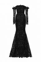 Black floral lace off-shoulder mermaid gown with silk waist belt from I.H.F Studio, featuring intricate lace details and elegant design.