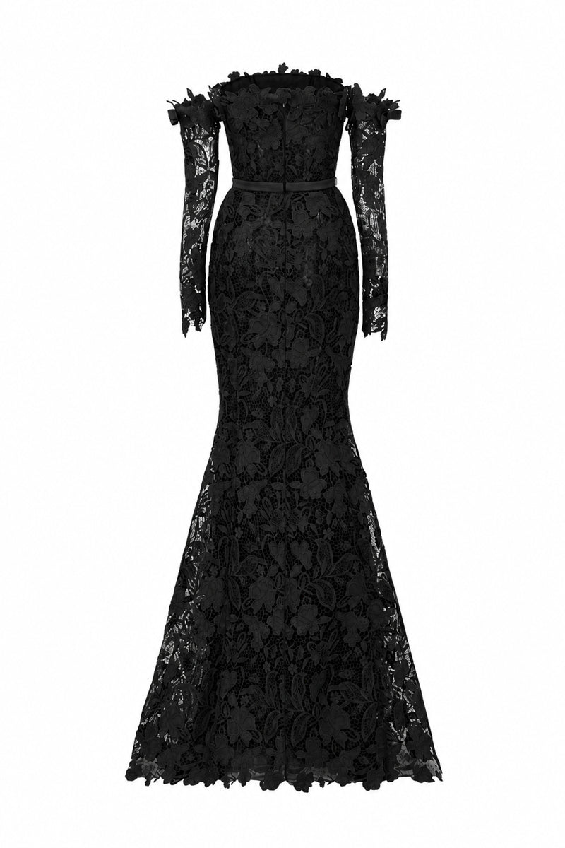 Black floral lace off-shoulder mermaid gown with silk waist belt from I.H.F Studio, featuring intricate lace details and elegant design.