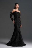 Black floral lace off-shoulder mermaid gown by I.H.F Studio with silk waist belt, elegant and fitted for special occasions.