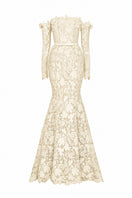 Ivory floral lace off-shoulder mermaid gown by I.H.F Studio featuring a silk waist belt and elegant lace details.
