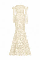 Ivory floral lace off-shoulder mermaid gown with silk waist belt by I.H.F Studio, featuring intricate lace details and elegant design.