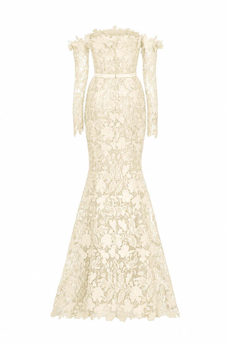 Ivory floral lace off-shoulder mermaid gown with silk waist belt by I.H.F Studio, featuring intricate lace details and elegant design.