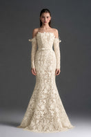 Ivory floral lace off-shoulder mermaid gown with silk waist belt by I.H.F Studio, elegant formal dress with intricate lace details.