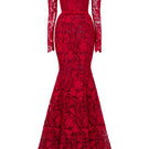 Red floral lace off-shoulder mermaid gown with silk waist belt from I.H.F Studio, elegant formal dress with intricate lace details.
