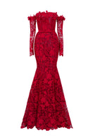 Red floral lace off-shoulder mermaid gown with silk waist belt from I.H.F Studio, elegant formal dress with intricate lace details.