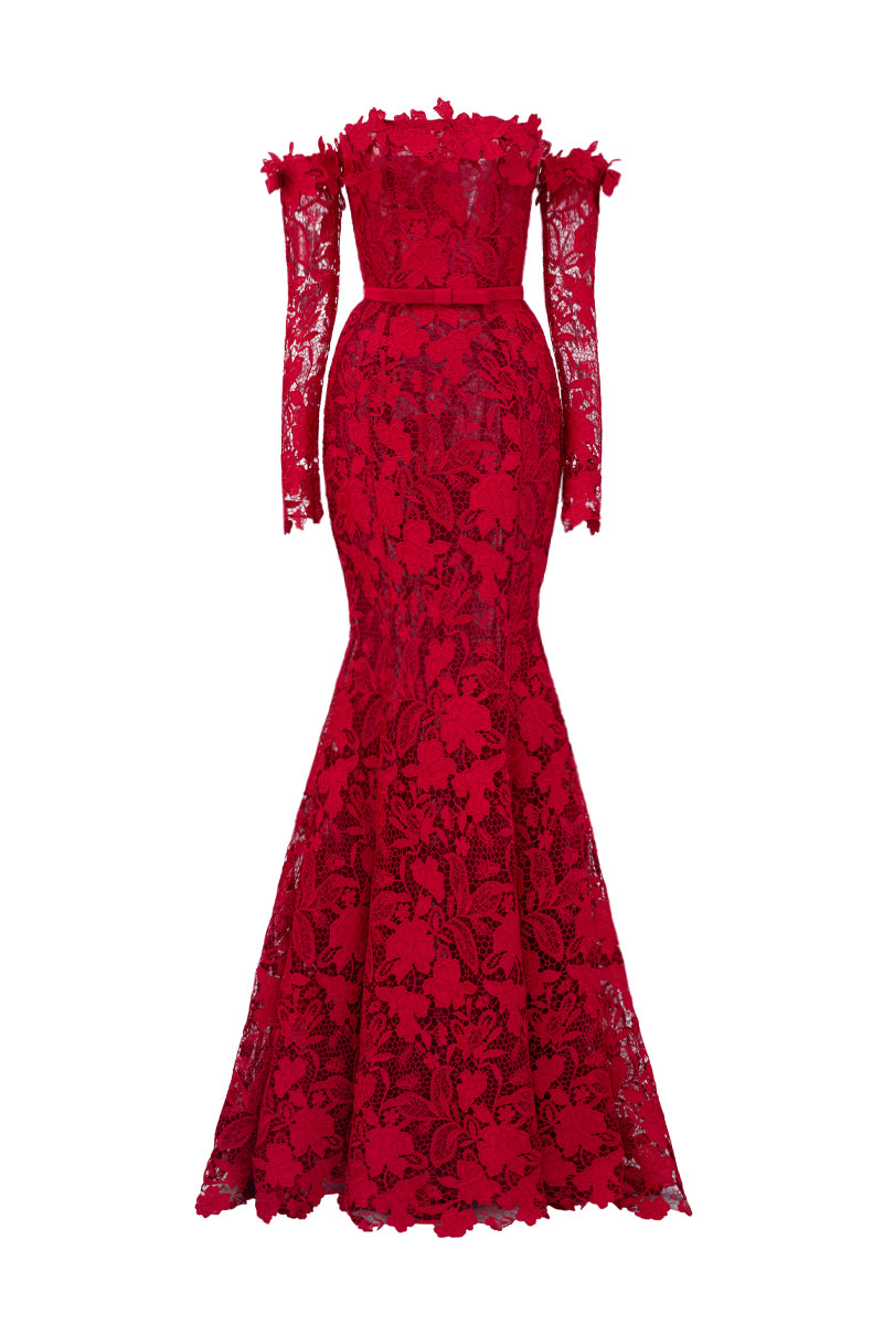 Red floral lace off-shoulder mermaid gown with silk waist belt from I.H.F Studio, elegant formal dress with intricate lace details.
