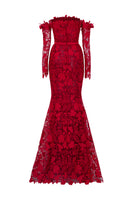 Red floral lace off-shoulder mermaid gown with silk waist belt from I.H.F Studio, featuring intricate lace details and elegant design.