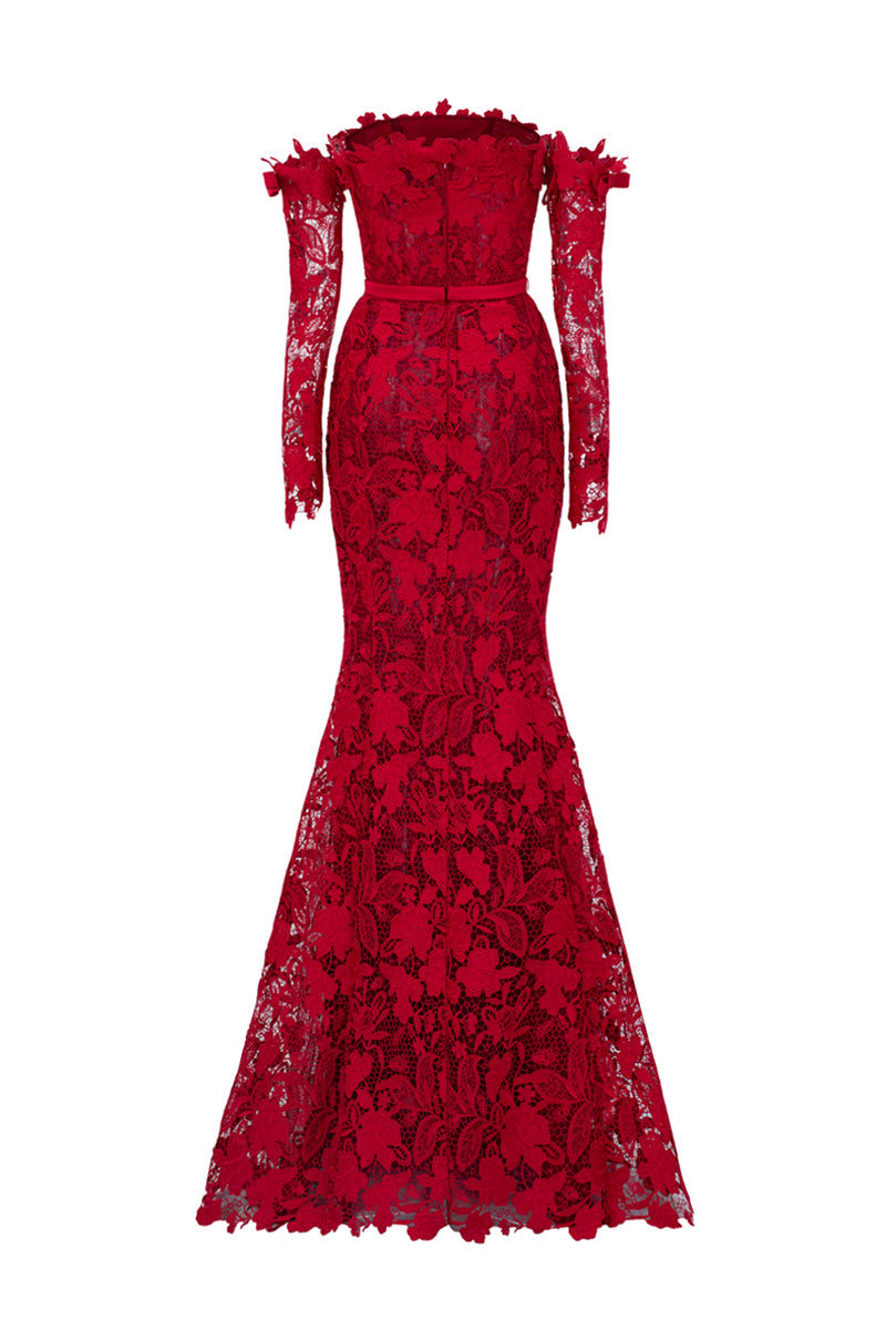 Red floral lace off-shoulder mermaid gown with silk waist belt from I.H.F Studio, featuring intricate lace details and elegant design.