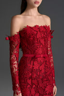 Red floral lace off-shoulder mermaid gown with silk waist belt by I.H.F Studio, detailed floral lace design, elegant fit.
