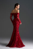 Red floral lace off-shoulder mermaid gown with silk waist belt by I.H.F Studio, featuring intricate lace details and elegant fit.