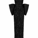 Black floral lace gown by I.H.F Studio featuring a square neckline, column silhouette, and a large back bow.