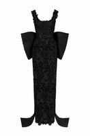 Black floral lace gown by I.H.F Studio featuring a square neckline, column silhouette, and a large back bow.