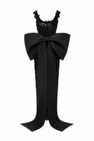 Black floral lace gown with square neckline and large back bow, elegant column dress by I.H.F Studio.