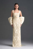 Ivory floral garden lace gown with square neckline and large back bow, designed by I.H.F Studio, elegant column dress for special occasions.