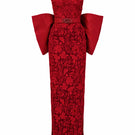 Red floral lace gown by I.H.F Studio featuring a square neckline, fitted column silhouette, and a large back bow detail.