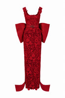 Red floral lace gown by I.H.F Studio featuring a square neckline, fitted column silhouette, and a large back bow detail.