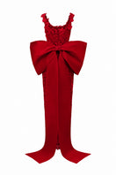Red floral lace gown by I.H.F Studio featuring a square neckline, column silhouette, and large back bow.