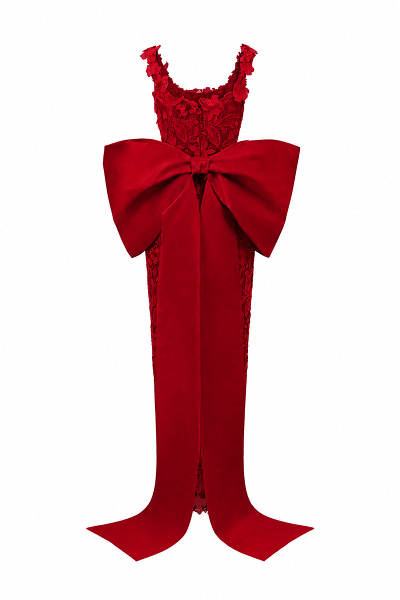 Red floral lace gown by I.H.F Studio featuring a square neckline, column silhouette, and large back bow.