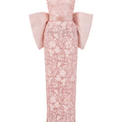 Light pink floral garden lace gown with square neckline and large back bow by I.H.F Studio, elegant column dress for special occasions.