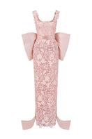 Light pink floral garden lace gown with square neckline and large back bow by I.H.F Studio, elegant column dress for special occasions.
