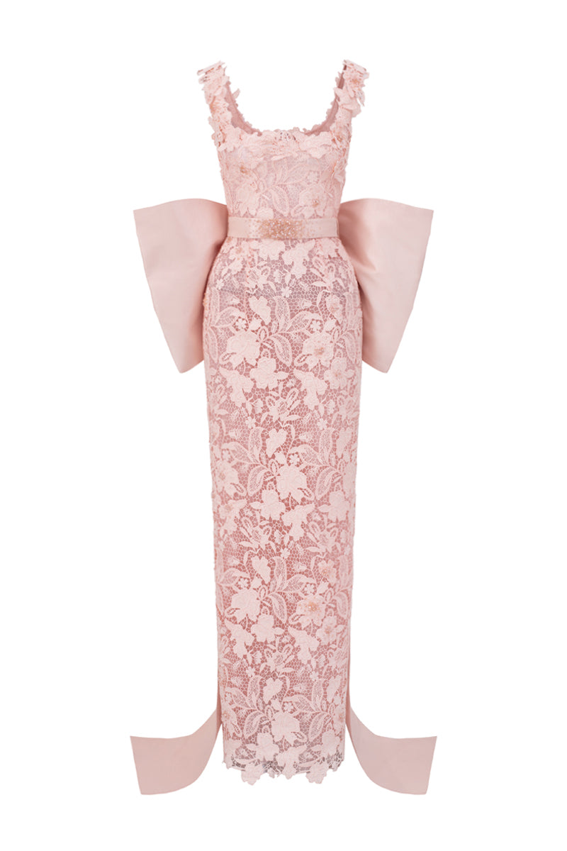 Light pink floral garden lace gown with square neckline and large back bow by I.H.F Studio, elegant column dress for special occasions.