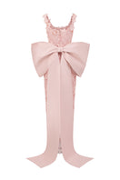 Light pink floral garden lace gown with square neckline, fitted column silhouette, and large back bow by I.H.F Studio.