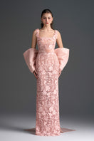 Light pink floral garden lace gown with square neckline and large back bow by I.H.F Studio, featuring a sleek column silhouette.
