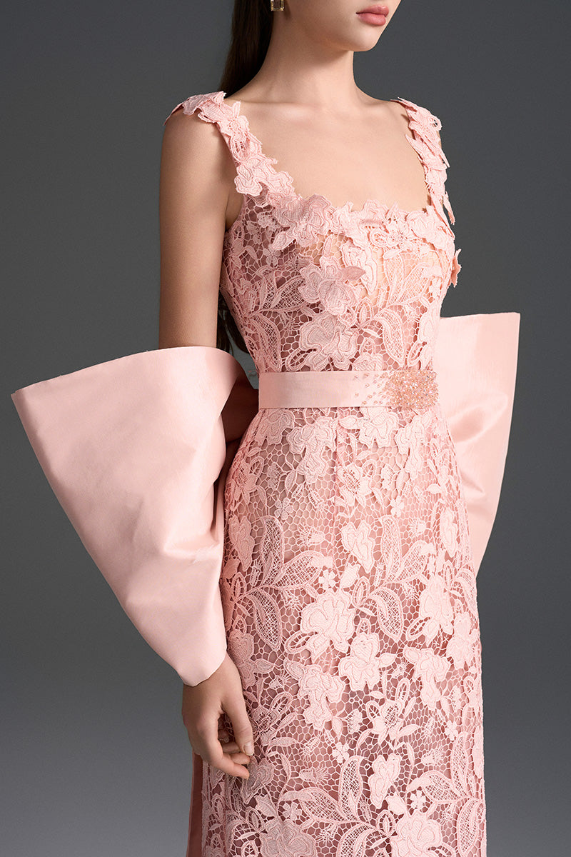 Light pink floral garden lace gown with a square neckline, column silhouette, and large back bow by I.H.F Studio.