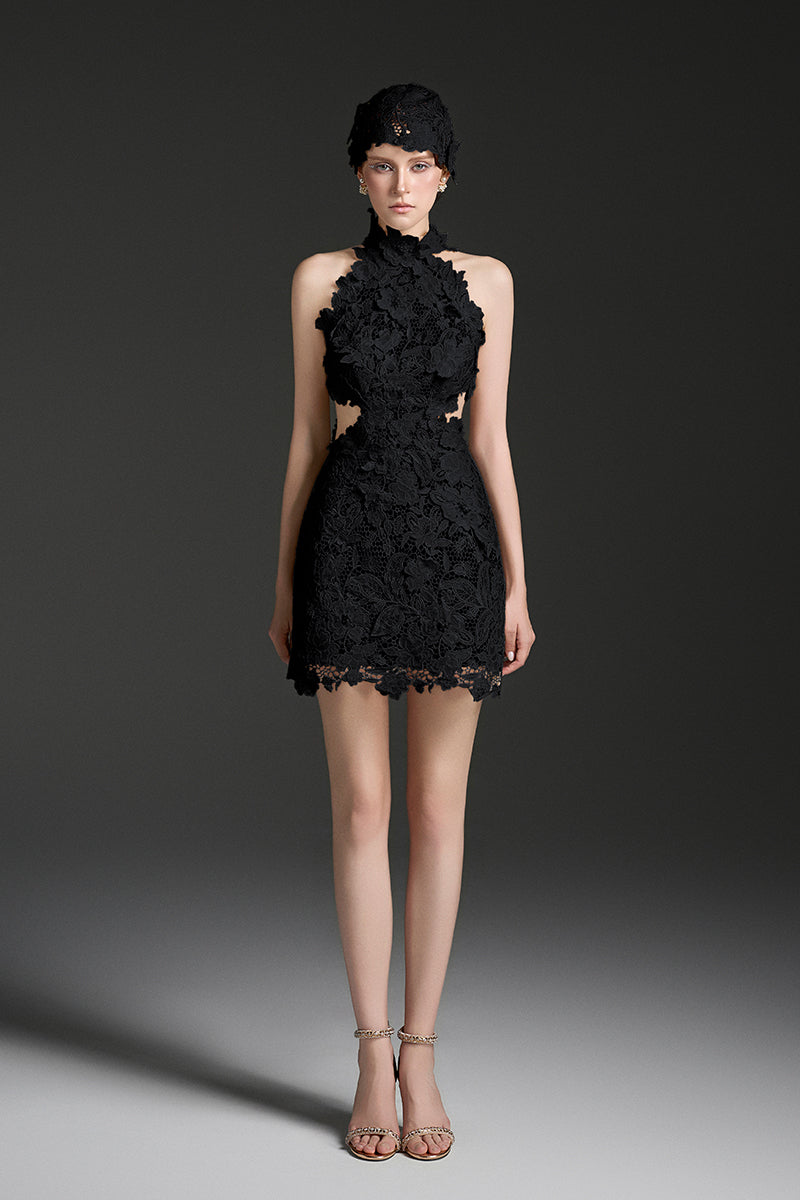 FLORAL GARDEN LACE HALTER MINI DRESS - CULT MIA