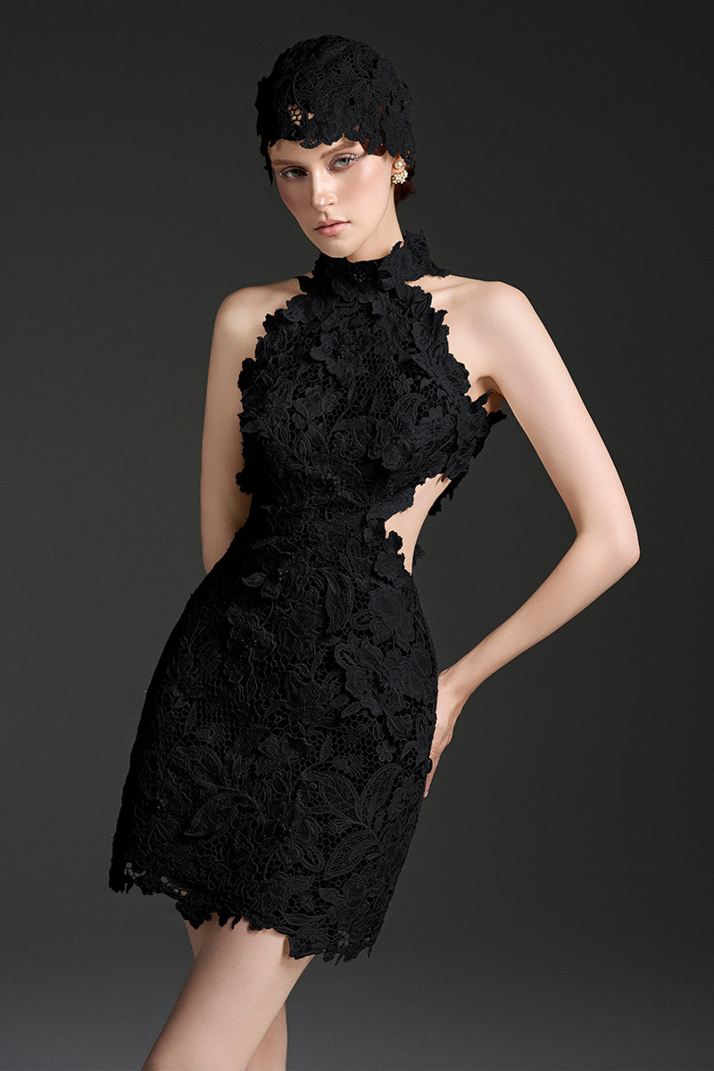FLORAL GARDEN LACE HALTER MINI DRESS - CULT MIA