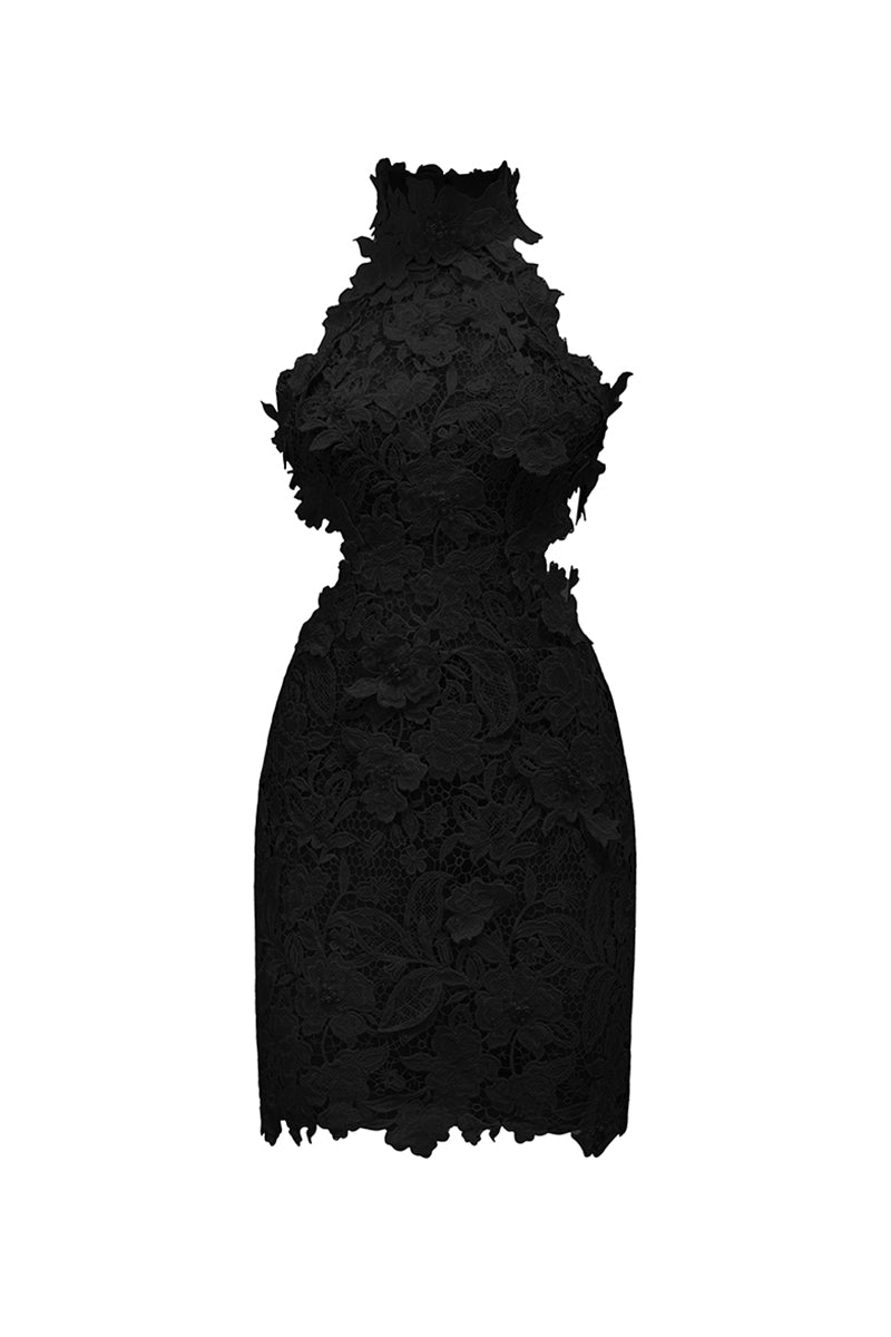 FLORAL GARDEN LACE HALTER MINI DRESS - CULT MIA
