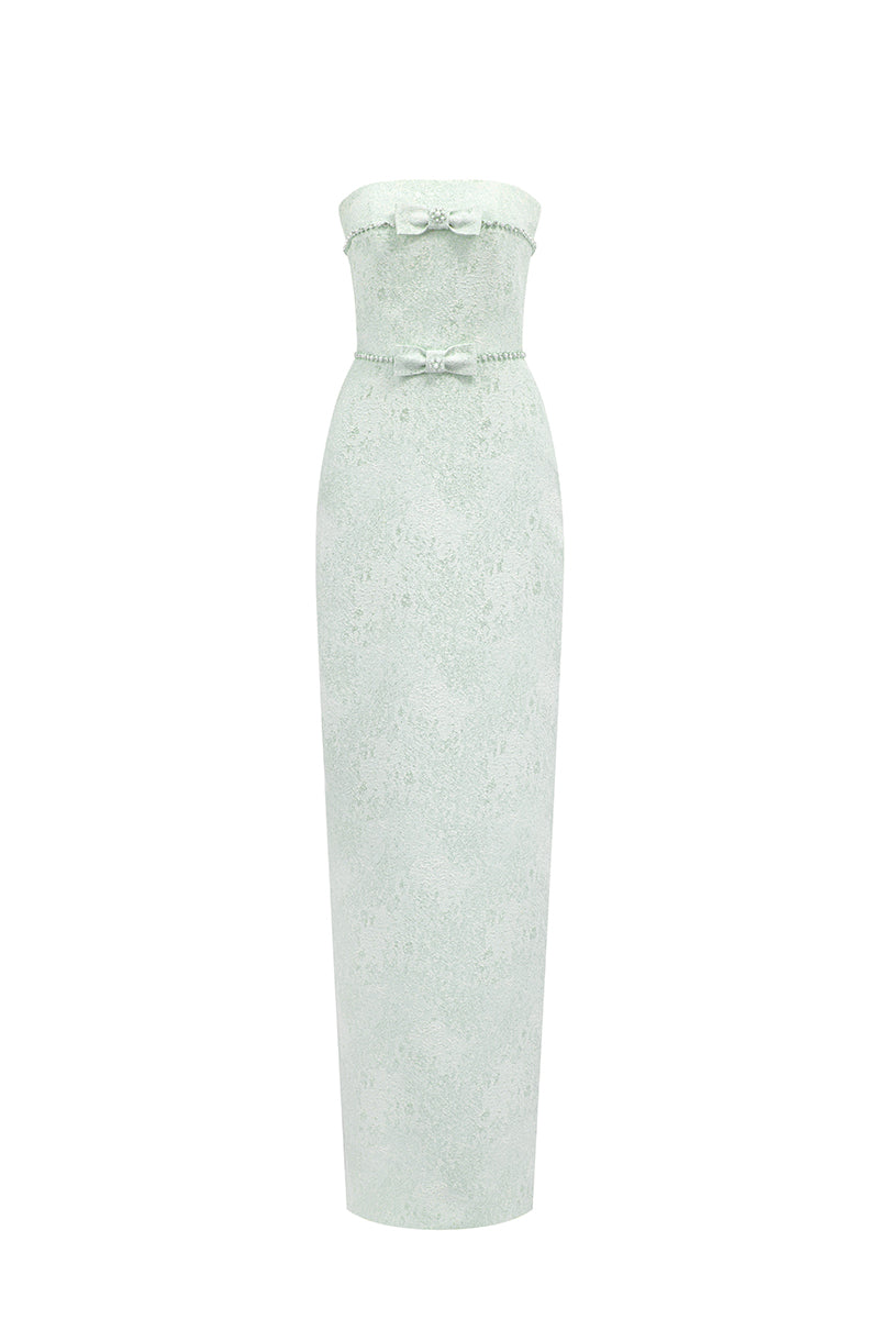 STRAPLESS LACQUERED BROCADE MAXI DRESS - CULT MIA