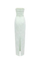 Elegant strapless lacquered brocade gown by I.H.F Studio, featuring intricate fabric details and a fitted silhouette.
