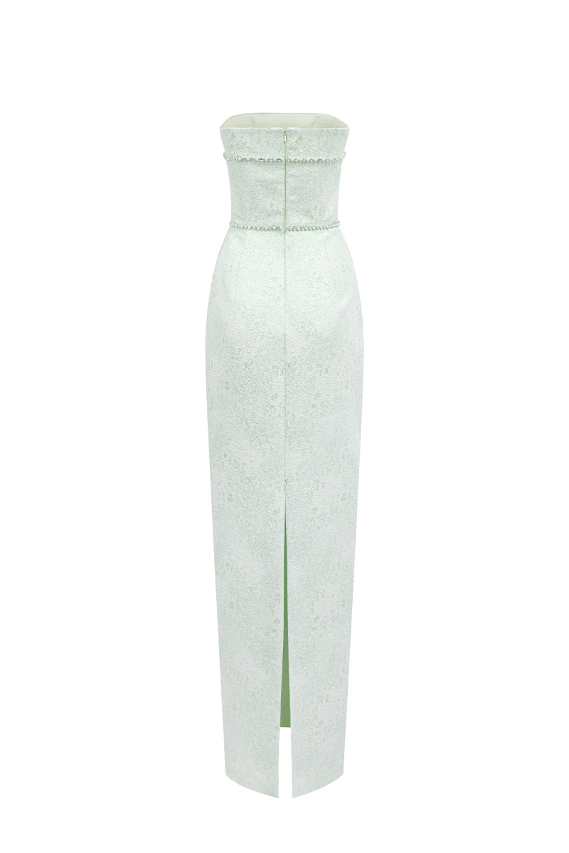Elegant strapless lacquered brocade gown by I.H.F Studio, featuring intricate fabric details and a fitted silhouette.