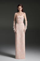 Elegant strapless lacquered brocade gown by I.H.F Studio featuring intricate fabric details and a fitted silhouette.