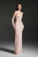 Elegant strapless lacquered brocade gown by I.H.F Studio featuring intricate patterns and a fitted silhouette.