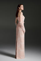 Strapless lacquered brocade gown by I.H.F Studio featuring intricate design and elegant silhouette.